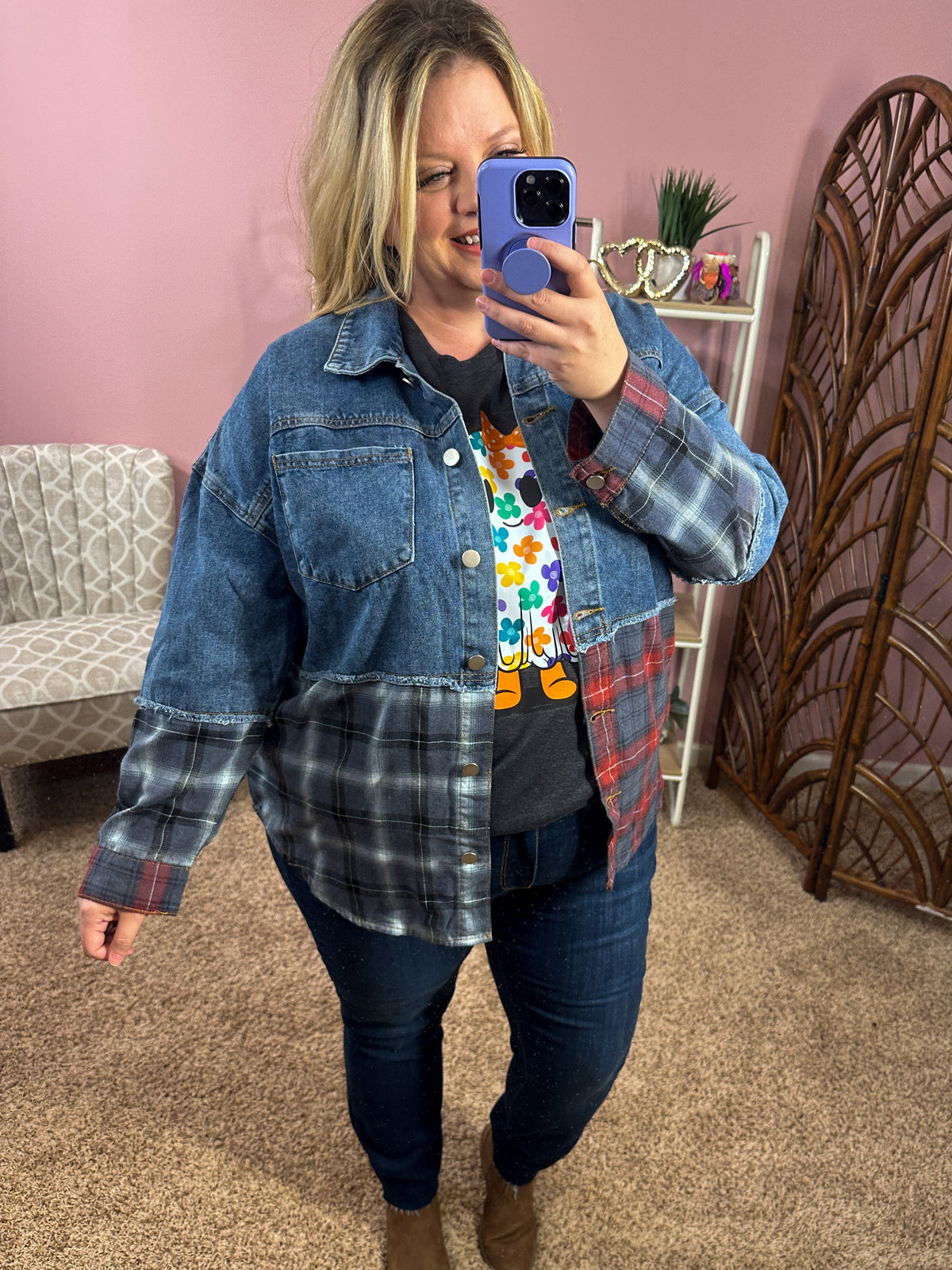 Pieced Together Denim Plaid Shacket