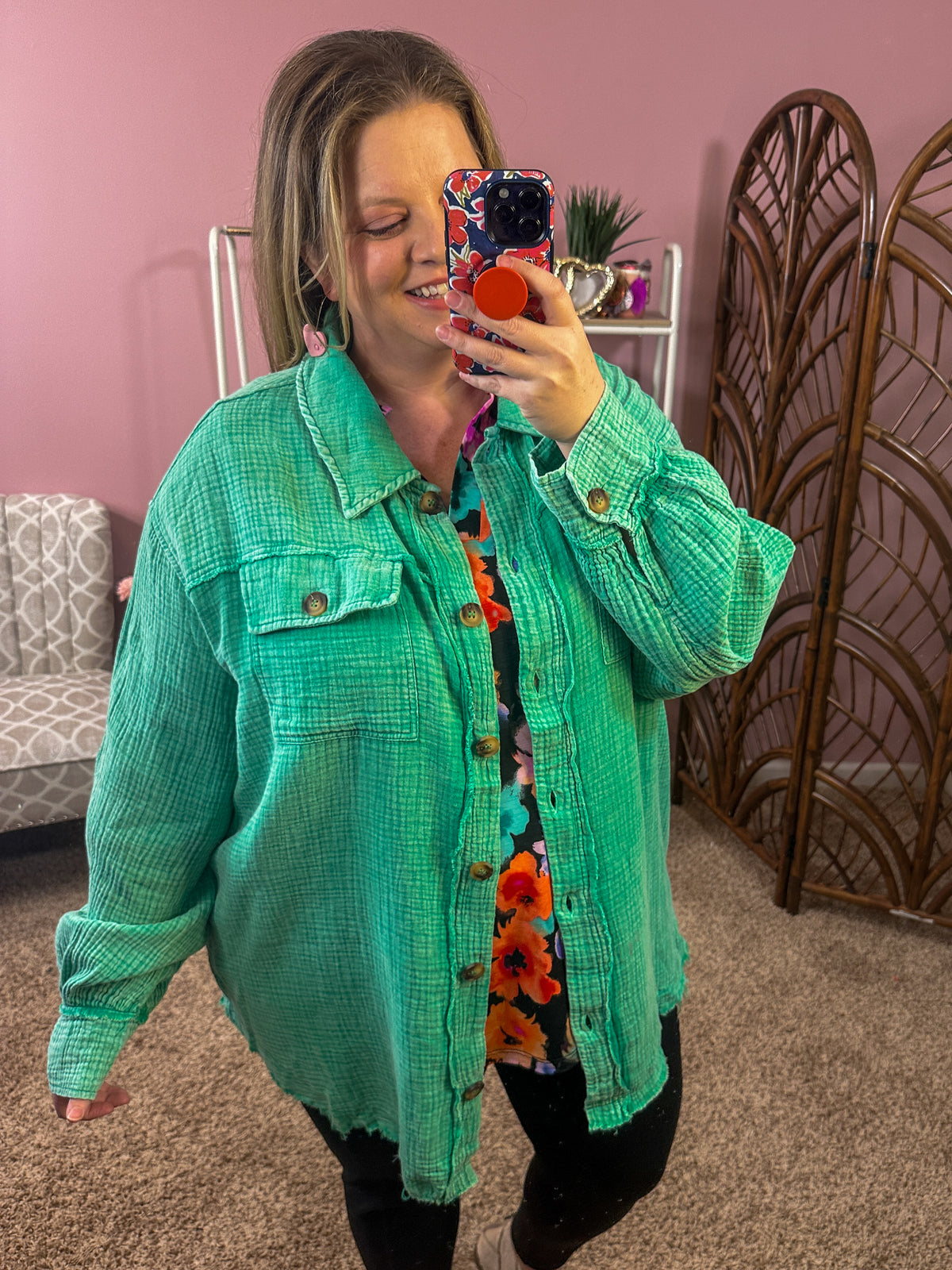 Hello Spring Light Shacket - Green