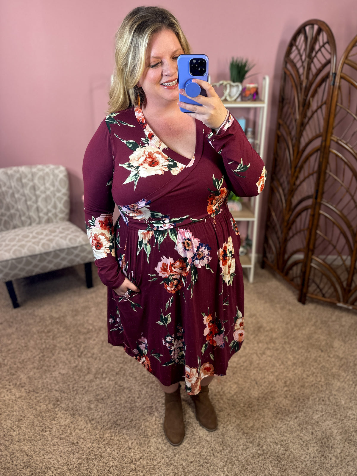 Crossing Paths Dress w/Pockets - Burgundy Floral