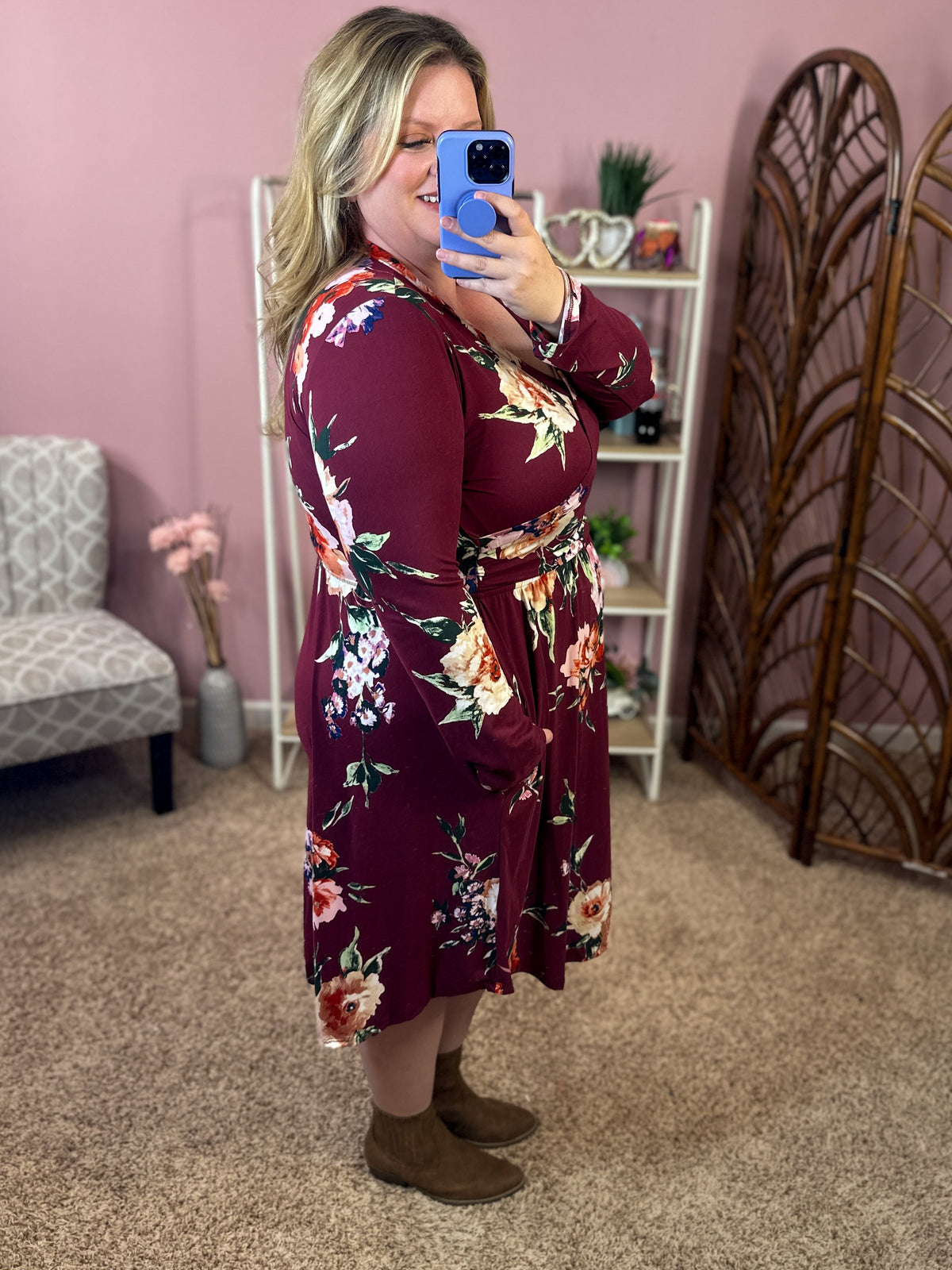 Crossing Paths Dress w/Pockets - Burgundy Floral