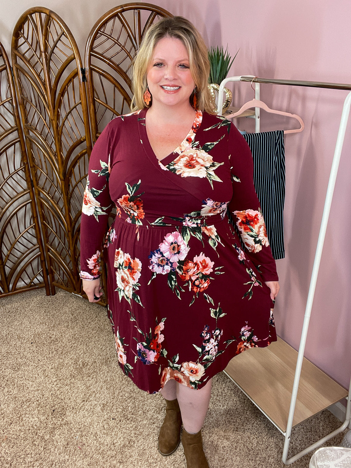 Crossing Paths Dress w/Pockets - Burgundy Floral