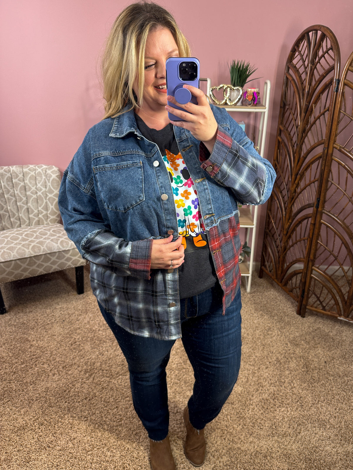 Pieced Together Denim Plaid Shacket