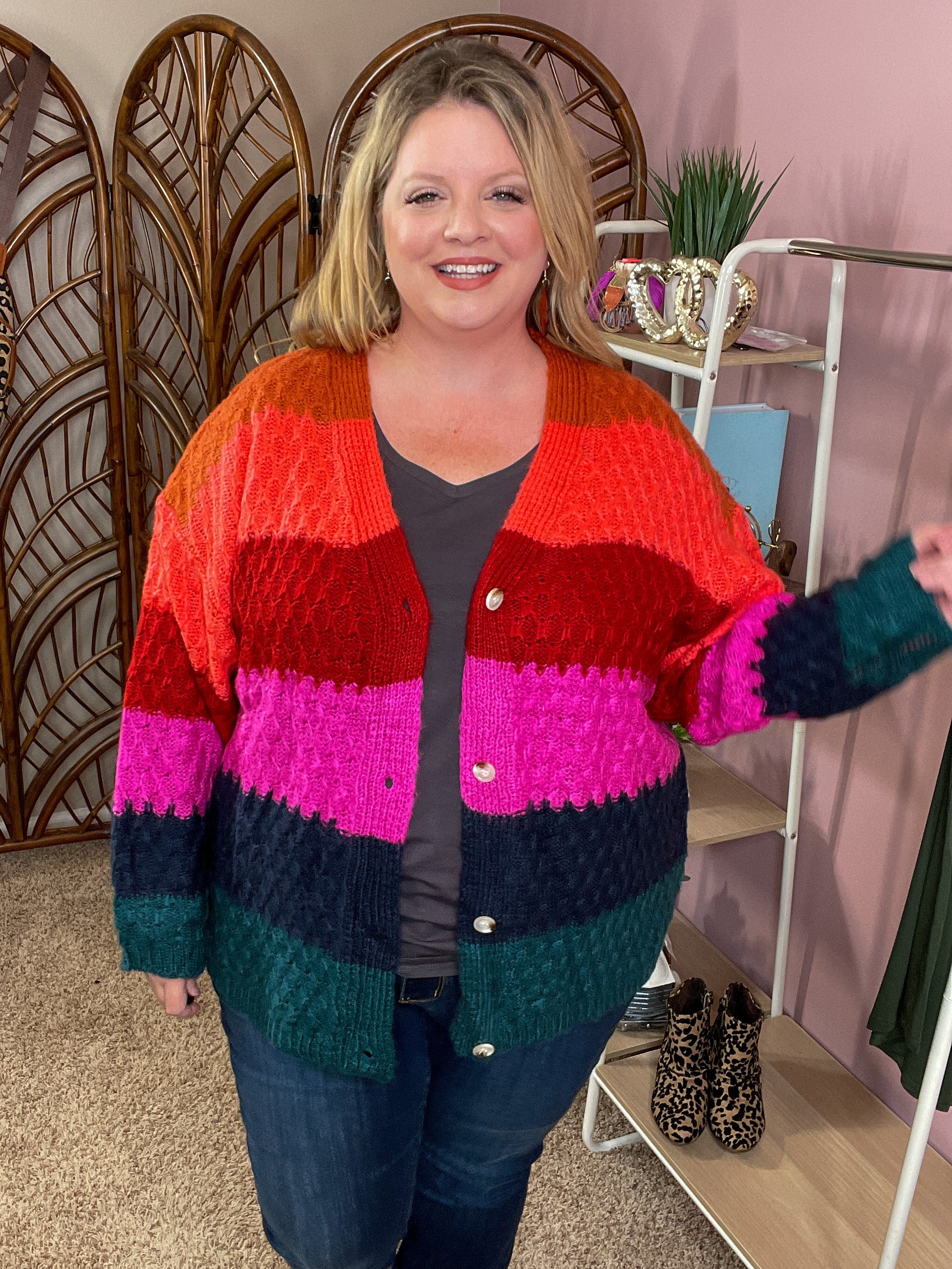Colorful Joy Honeycomb Knit Cardigan - Colorblock - Curved and