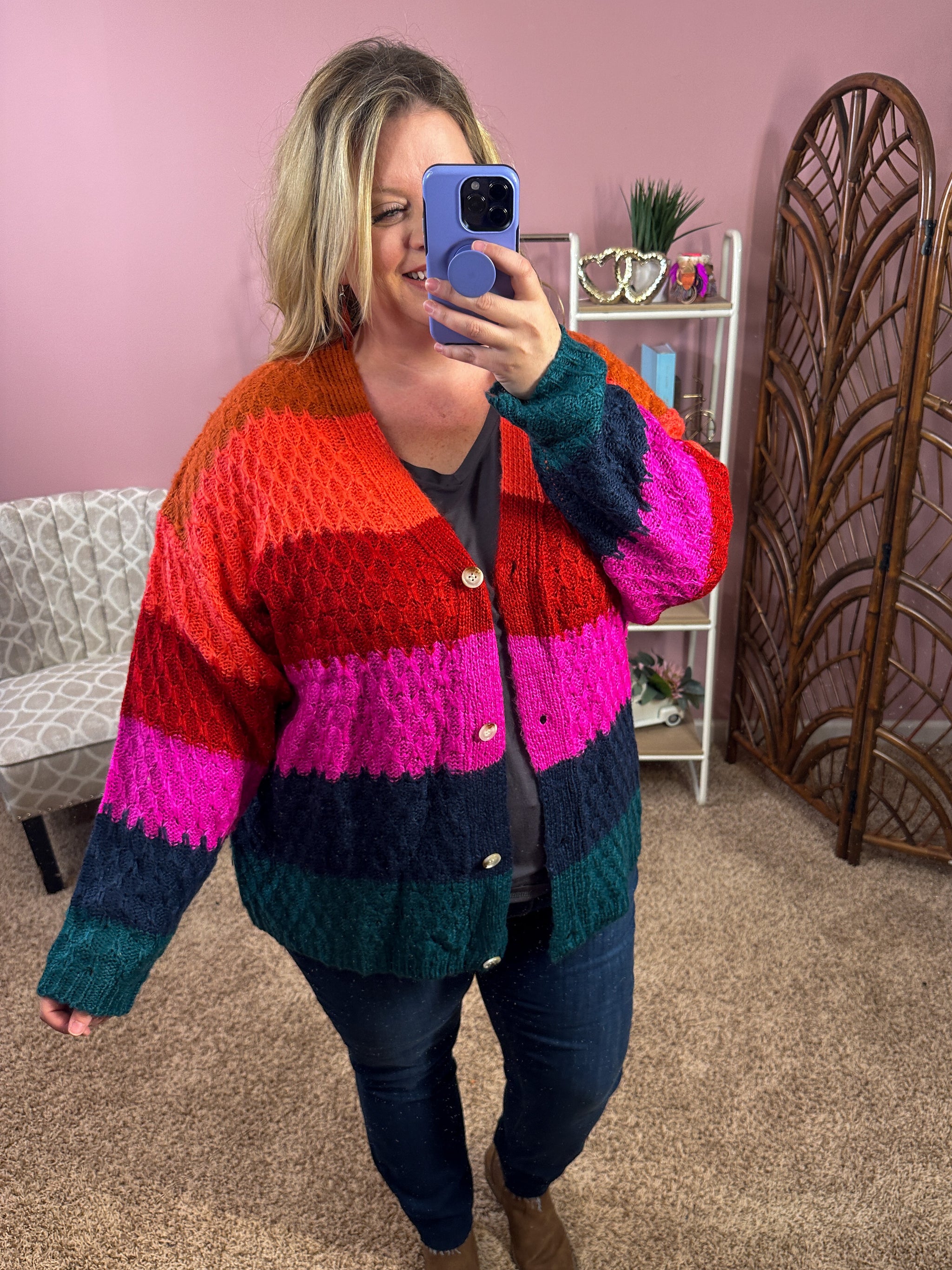 Colorful Joy Honeycomb Knit Cardigan - Colorblock - Curved and