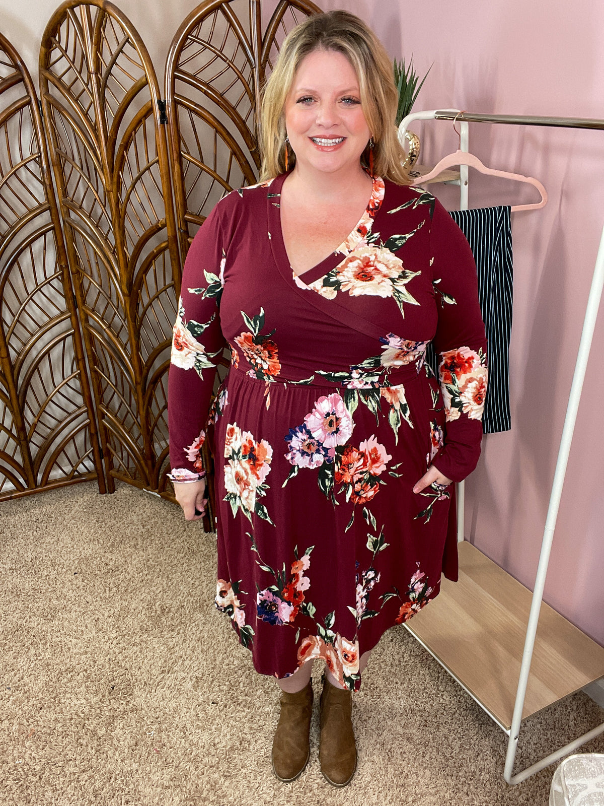 Crossing Paths Dress w/Pockets - Burgundy Floral