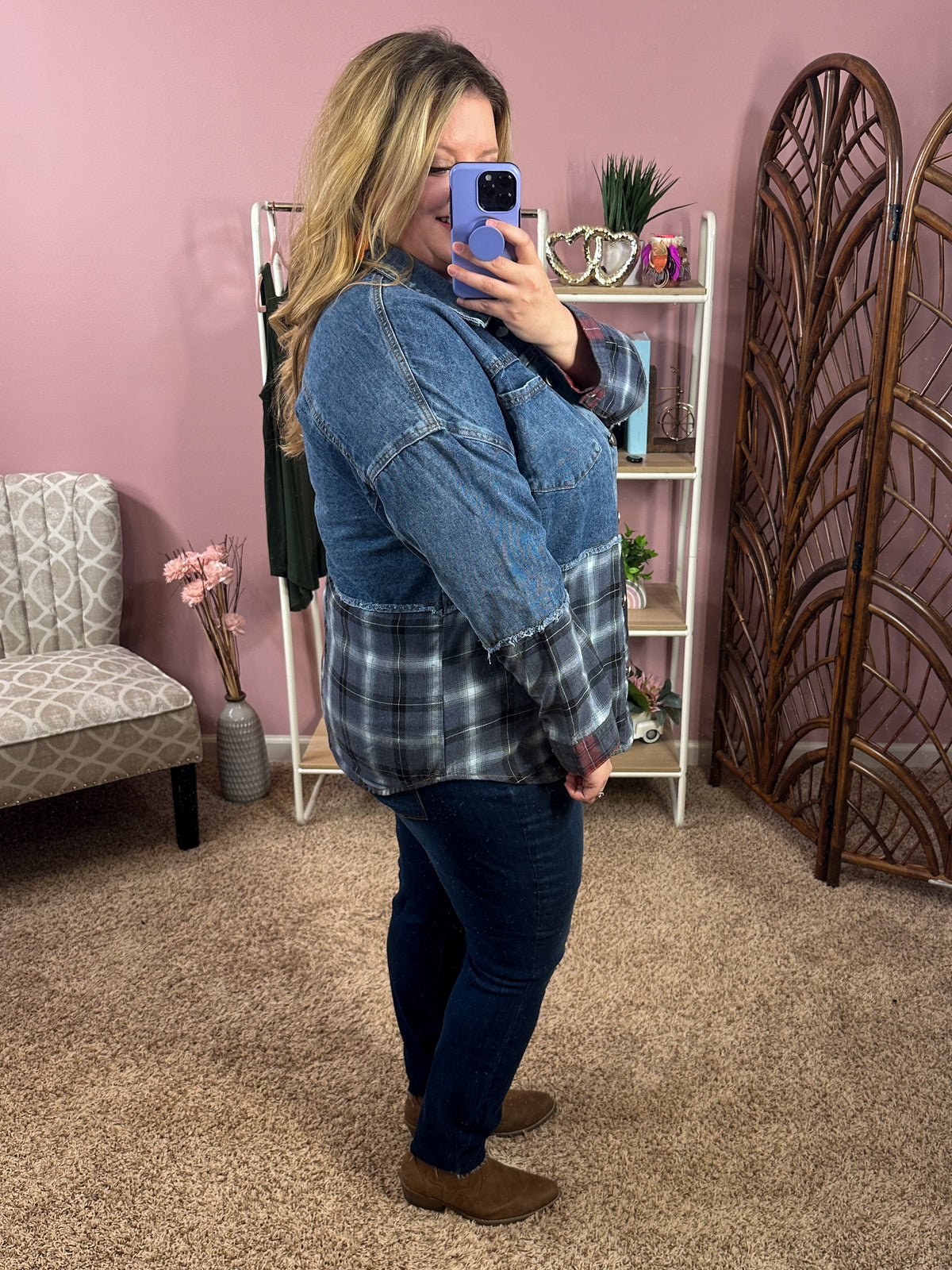 Pieced Together Denim Plaid Shacket