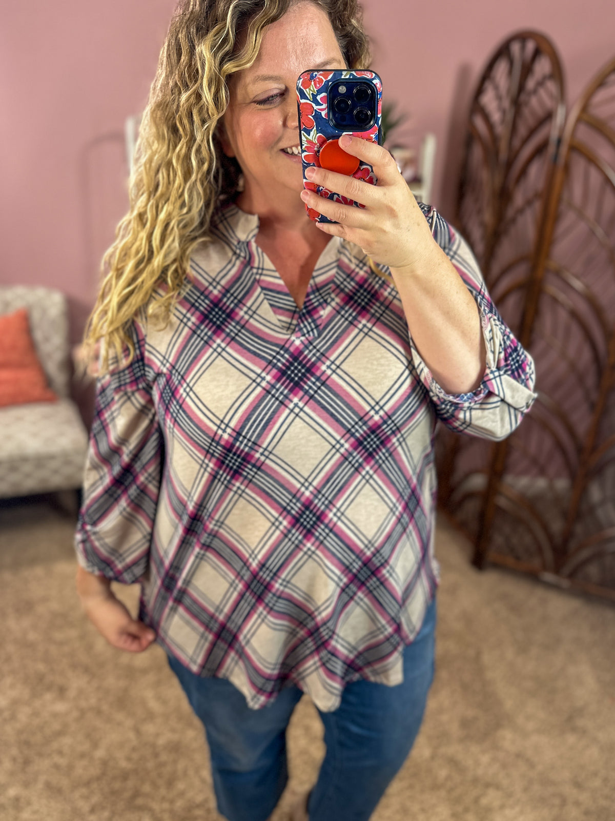 Crossing Lines Top - Pink Plaid