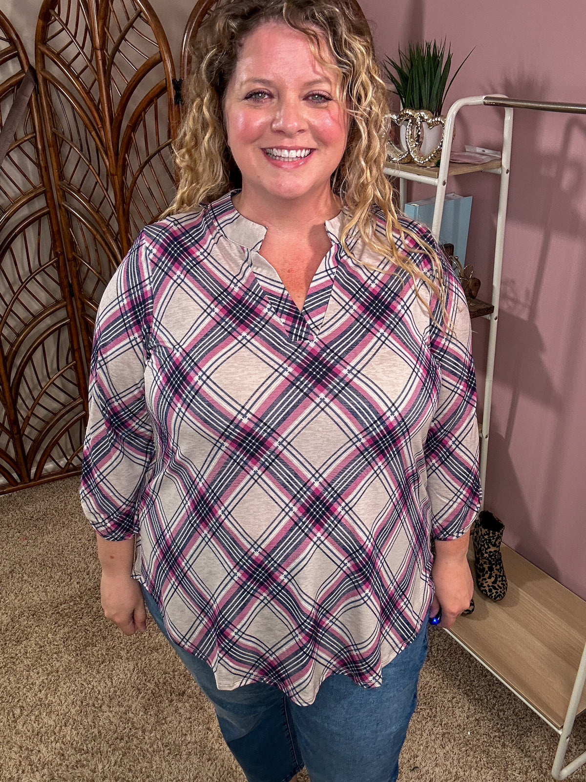 Crossing Lines Top - Pink Plaid