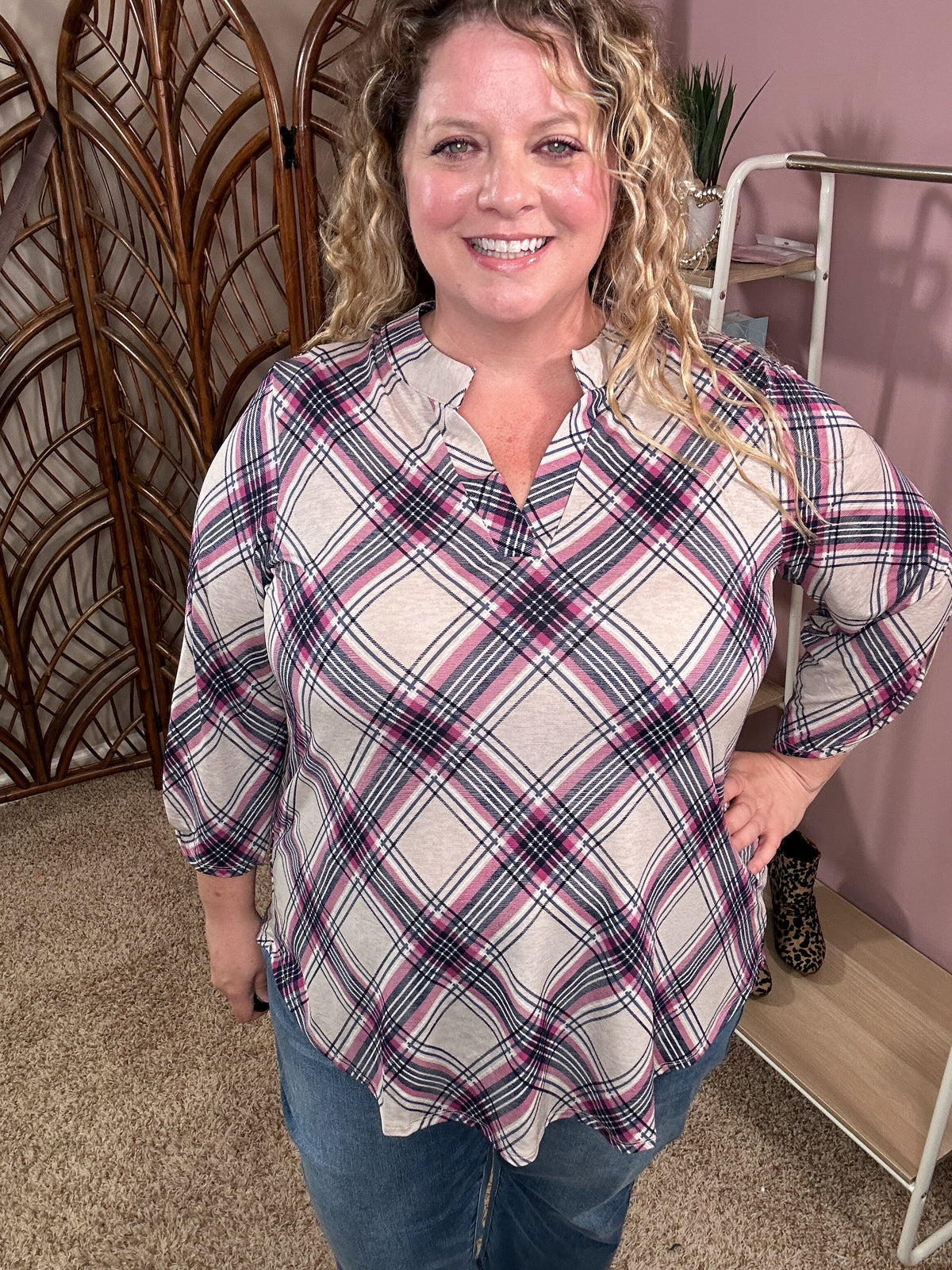 Crossing Lines Top - Pink Plaid