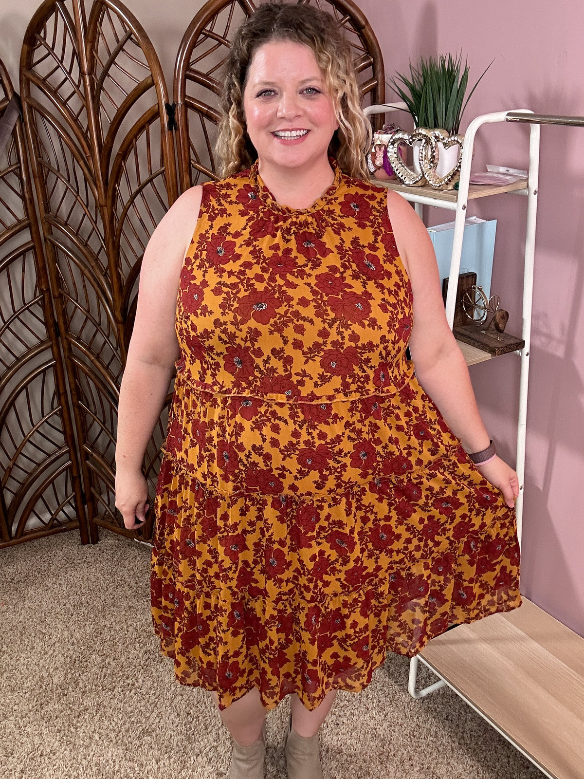 Wishing and Waiting Tiered Dress - Mustard/Burgundy