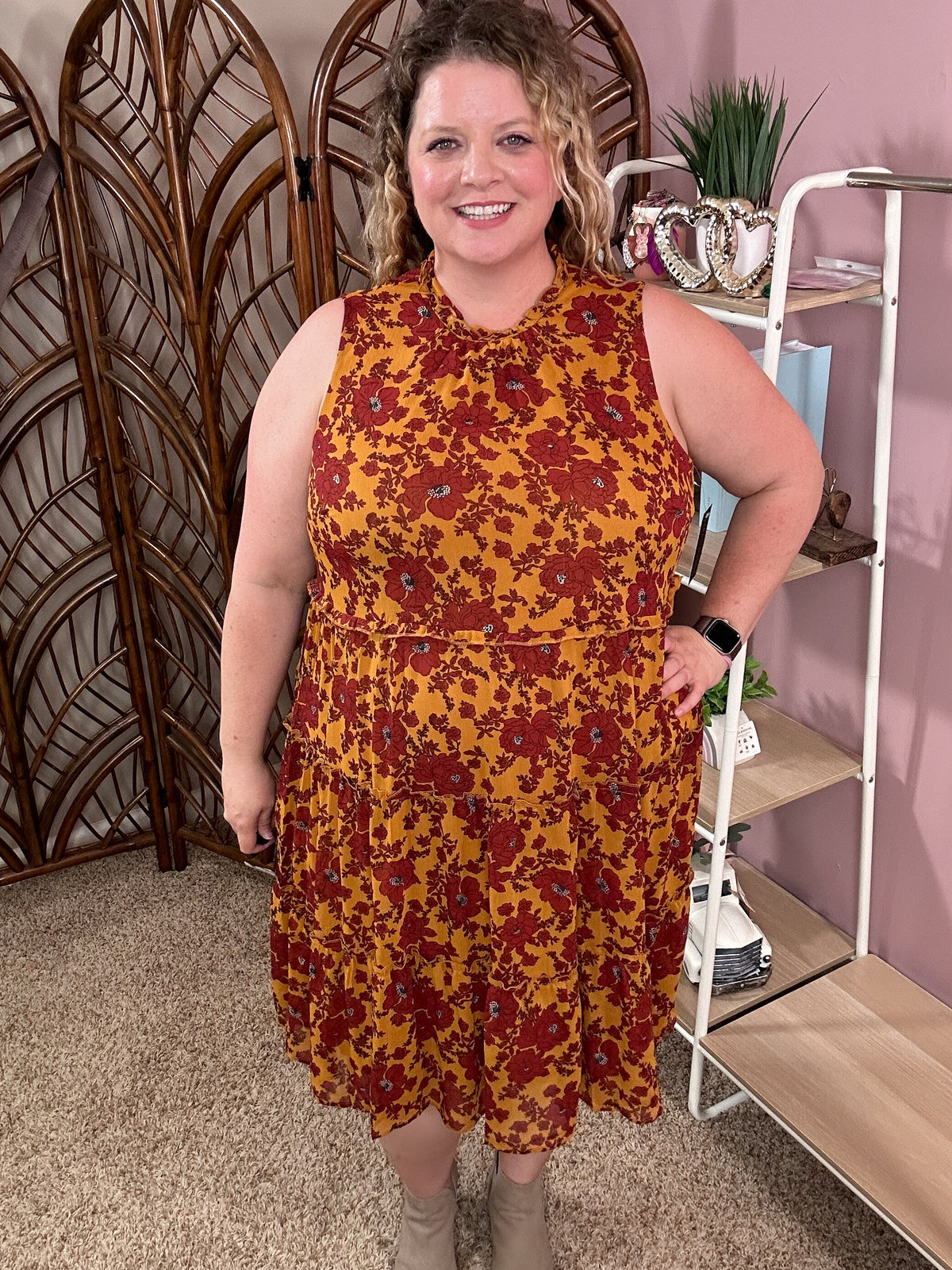 Wishing and Waiting Tiered Dress - Mustard/Burgundy