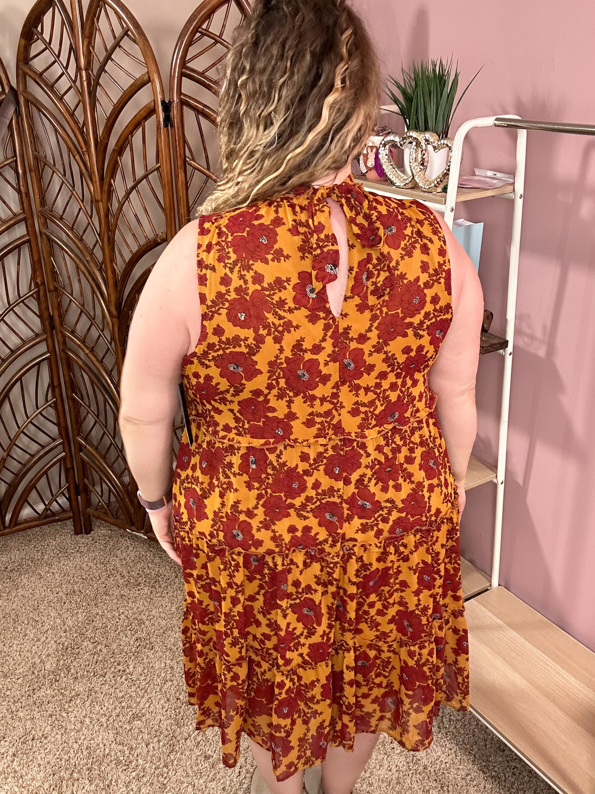 Wishing and Waiting Tiered Dress - Mustard/Burgundy