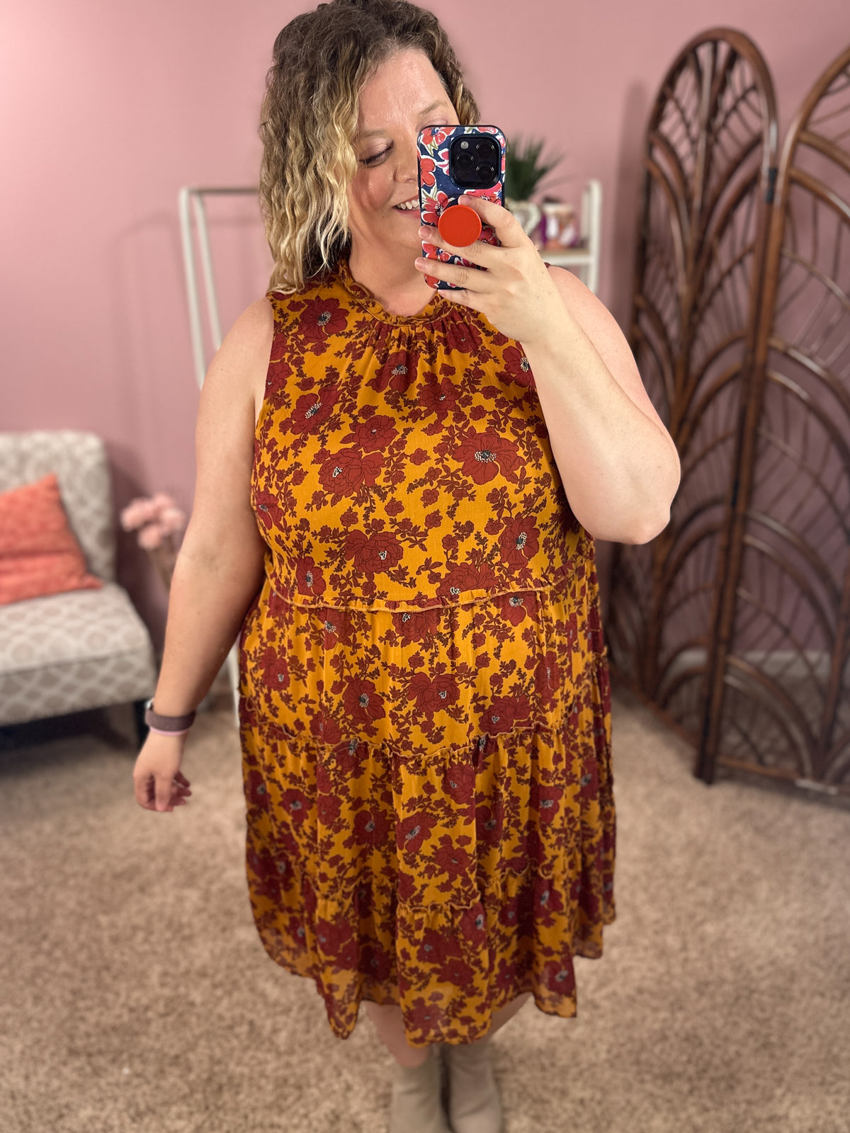 Wishing and Waiting Tiered Dress - Mustard/Burgundy