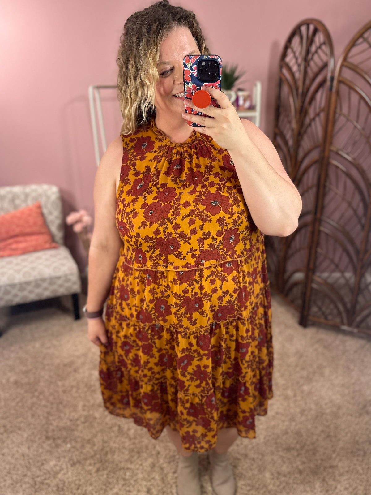 Wishing and Waiting Tiered Dress - Mustard/Burgundy