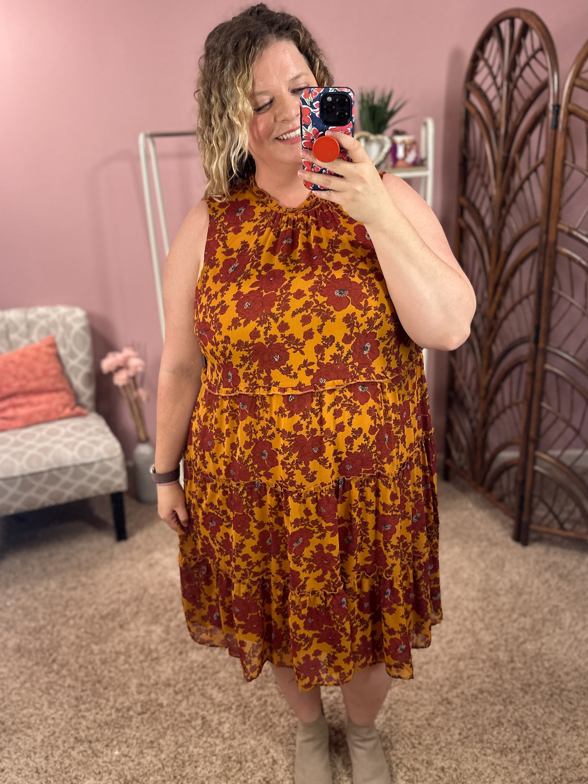 Wishing and Waiting Tiered Dress - Mustard/Burgundy