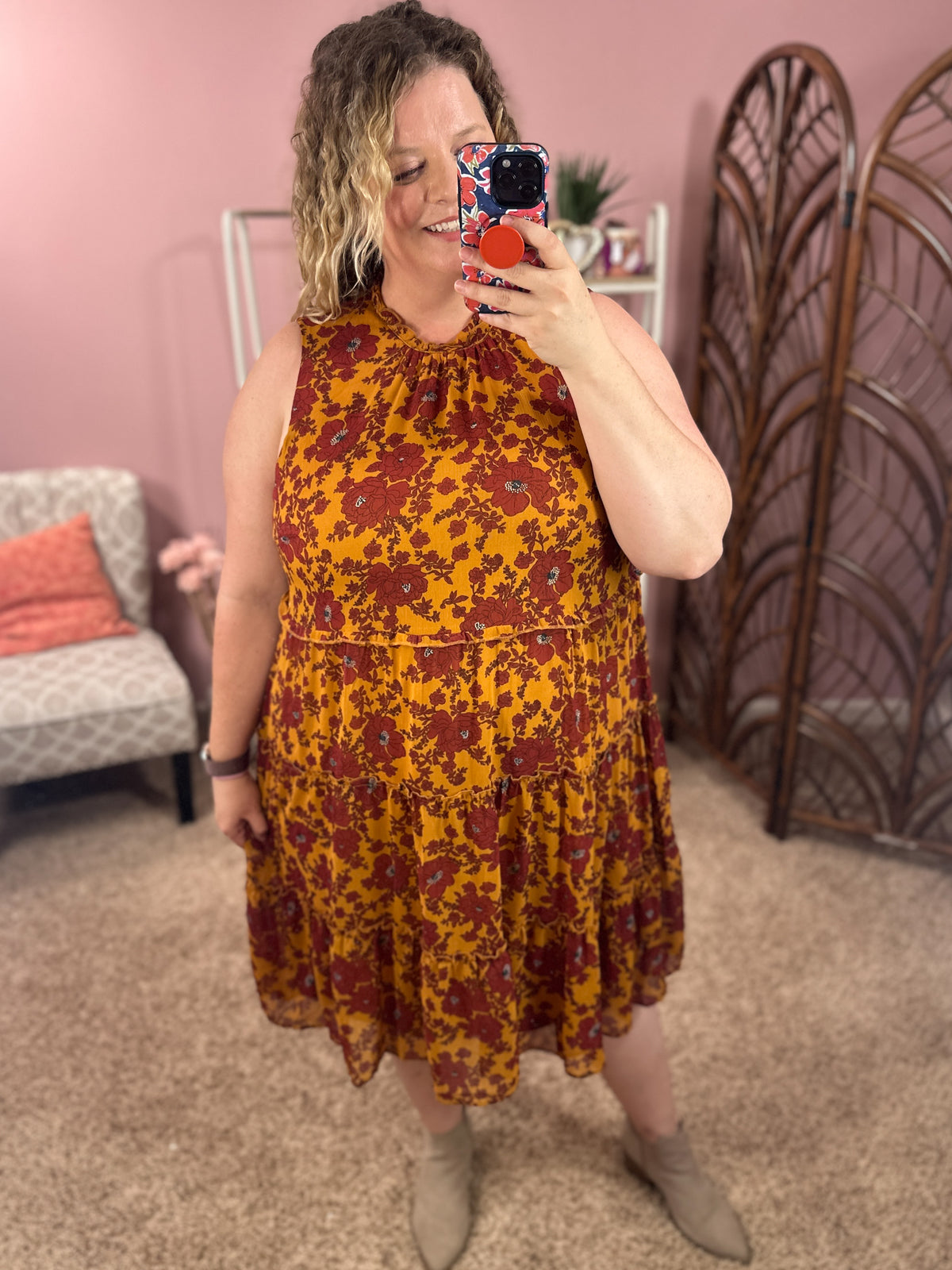 Wishing and Waiting Tiered Dress - Mustard/Burgundy