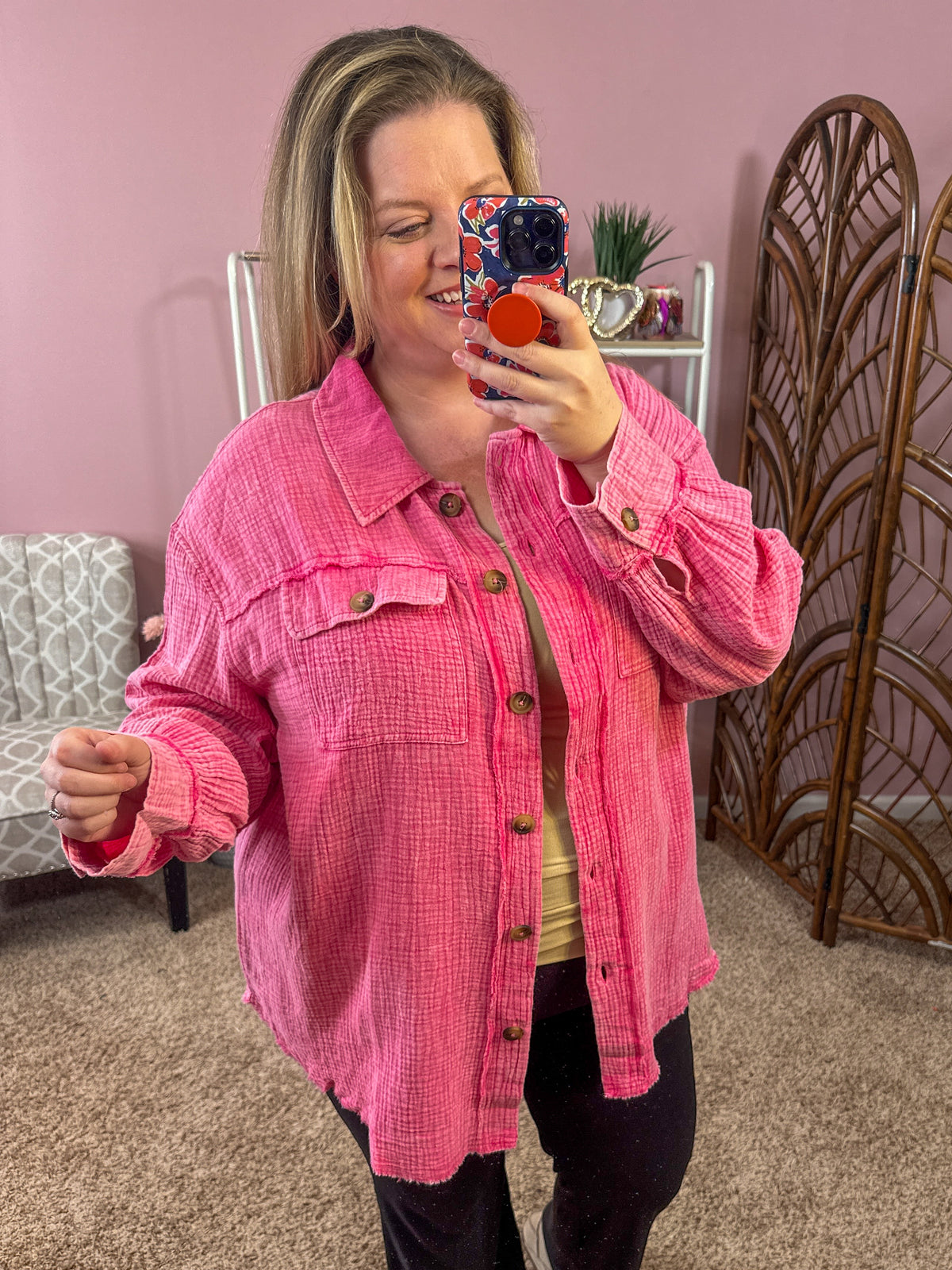 Hello Spring Light Shacket - Pink