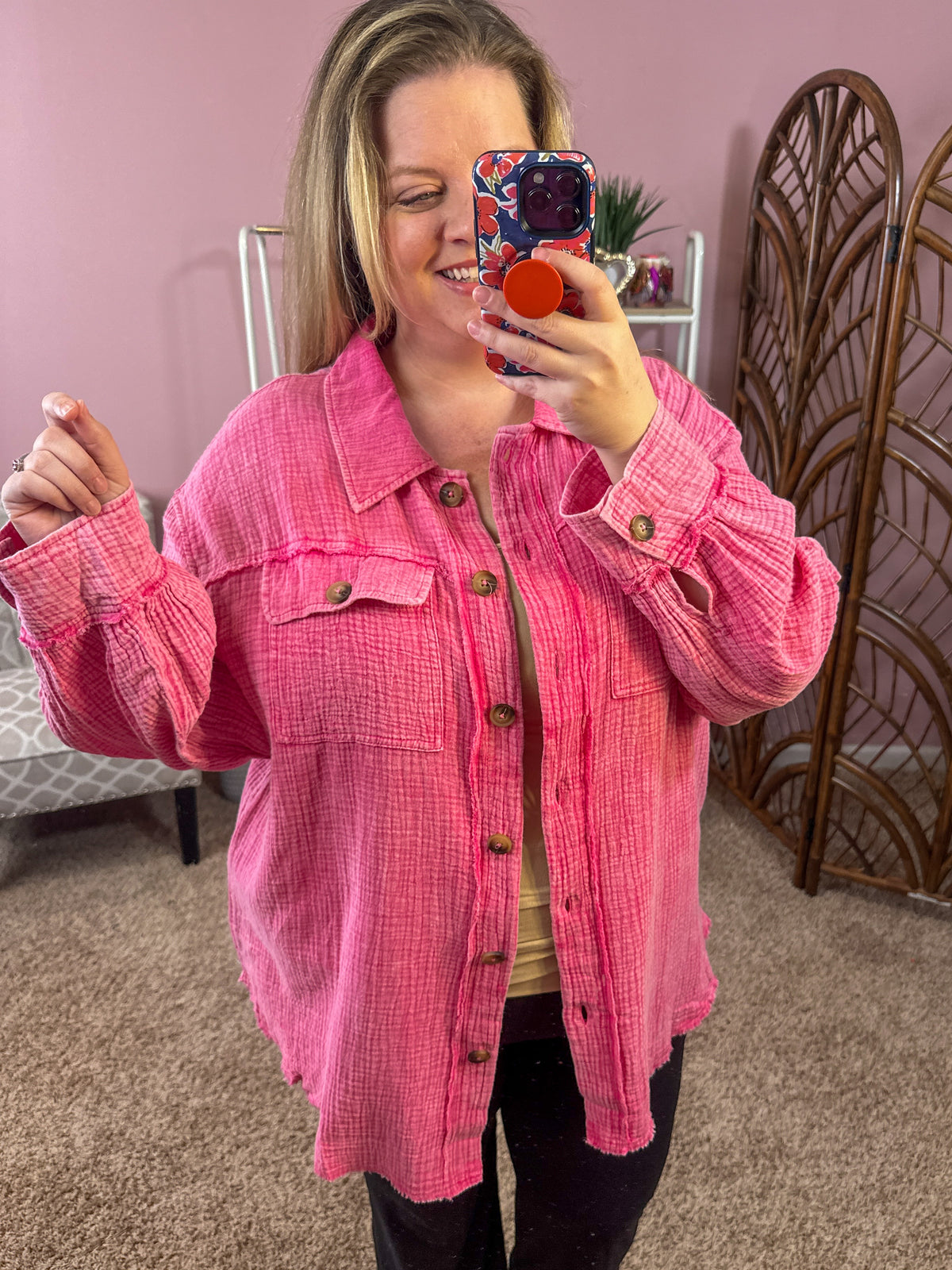 Hello Spring Light Shacket - Pink