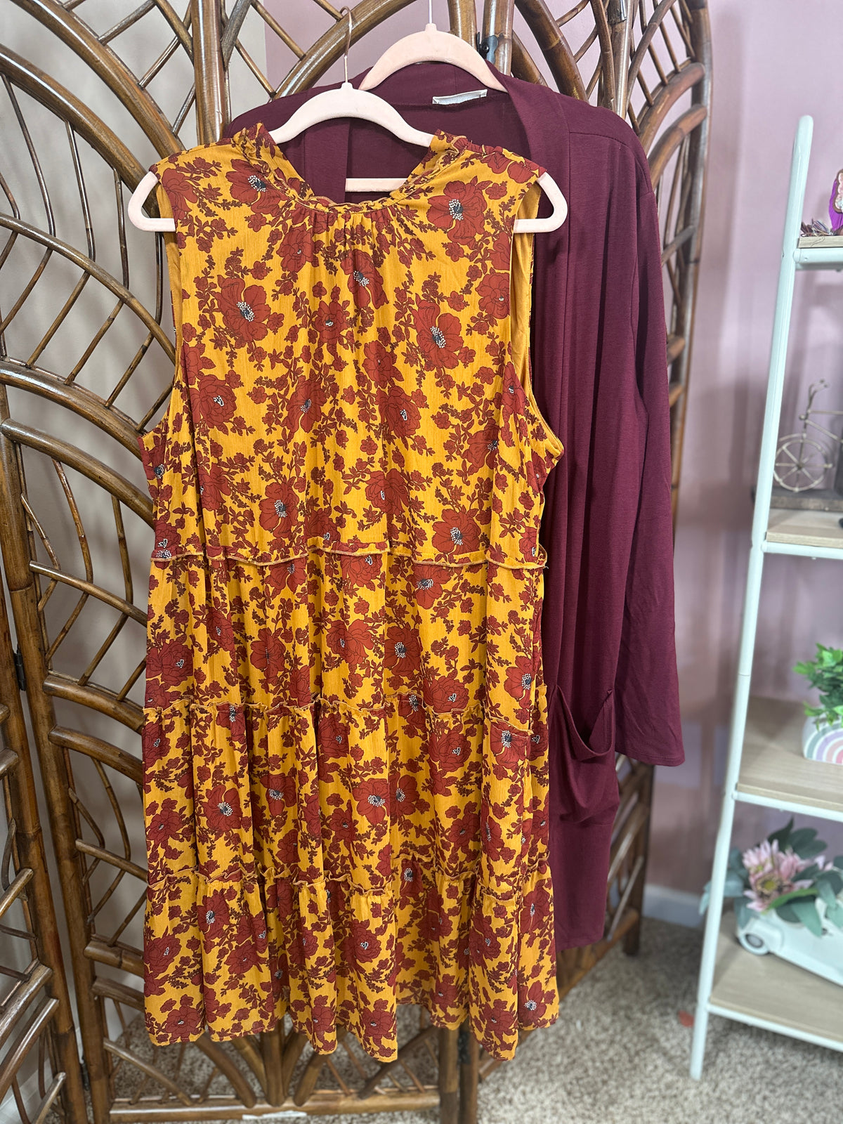 Wishing and Waiting Tiered Dress - Mustard/Burgundy